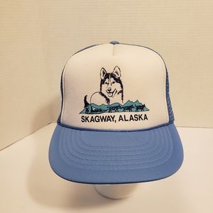 Skagway Alaska Mesh Snapback Trucker Hat Blue White with Sled Dogs Print